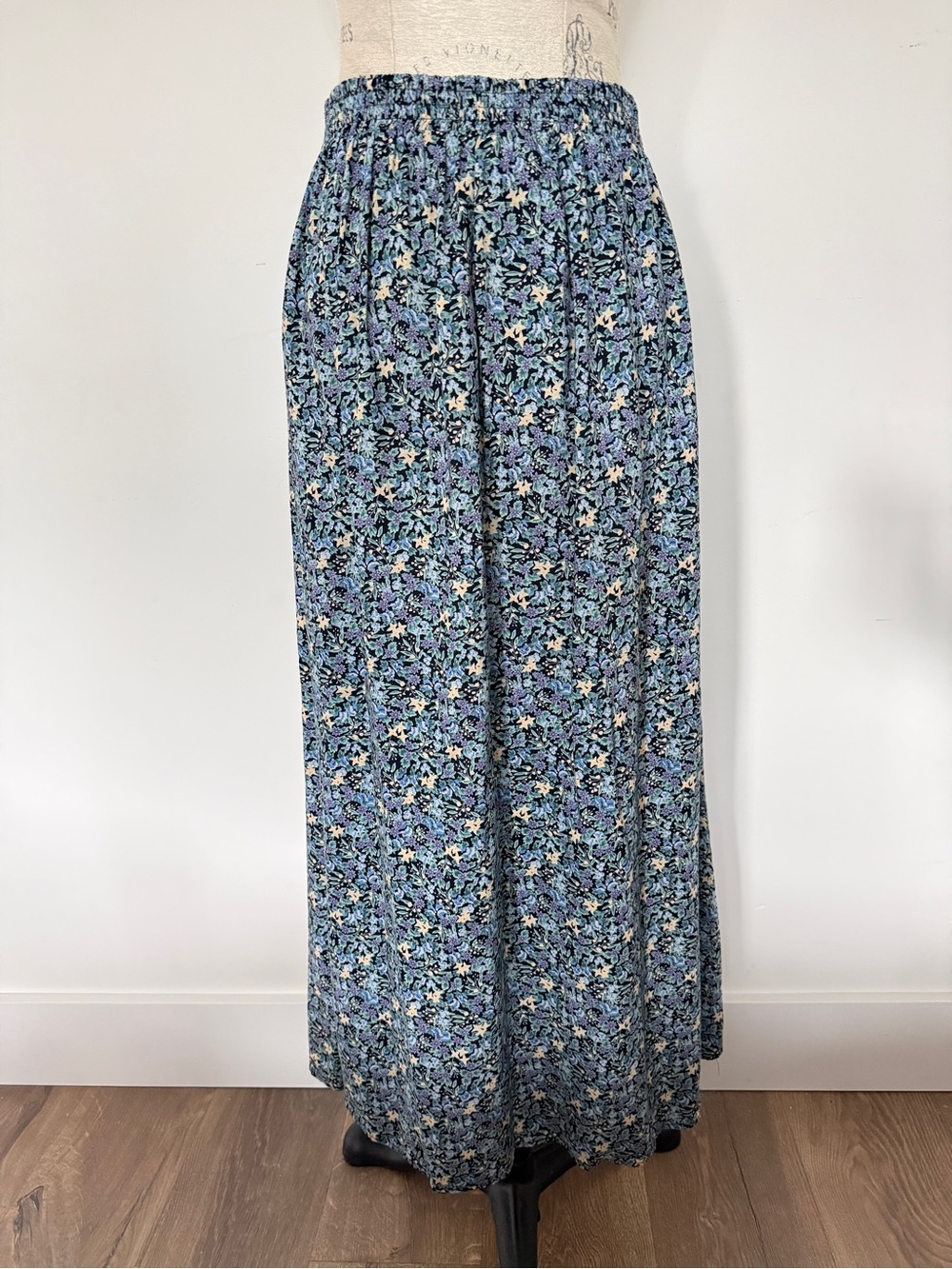 Vintage Blue Floral Maxi Skirt Full Button Front with Elastic Waist - Picture 2 of 7